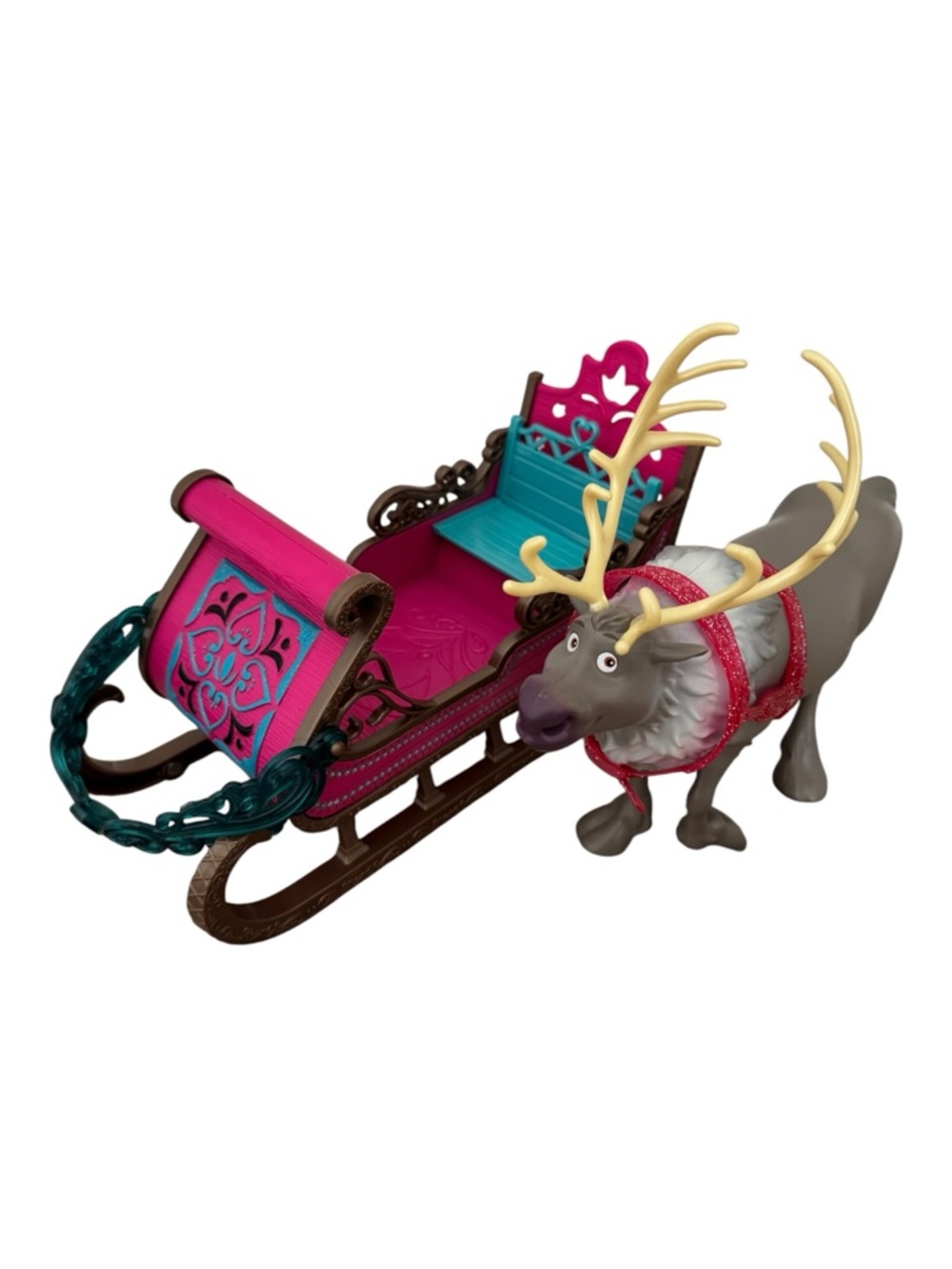 2014 Mattel FROZEN Royal Sled & Sven Toy Pink Bue Plastic *Retired*